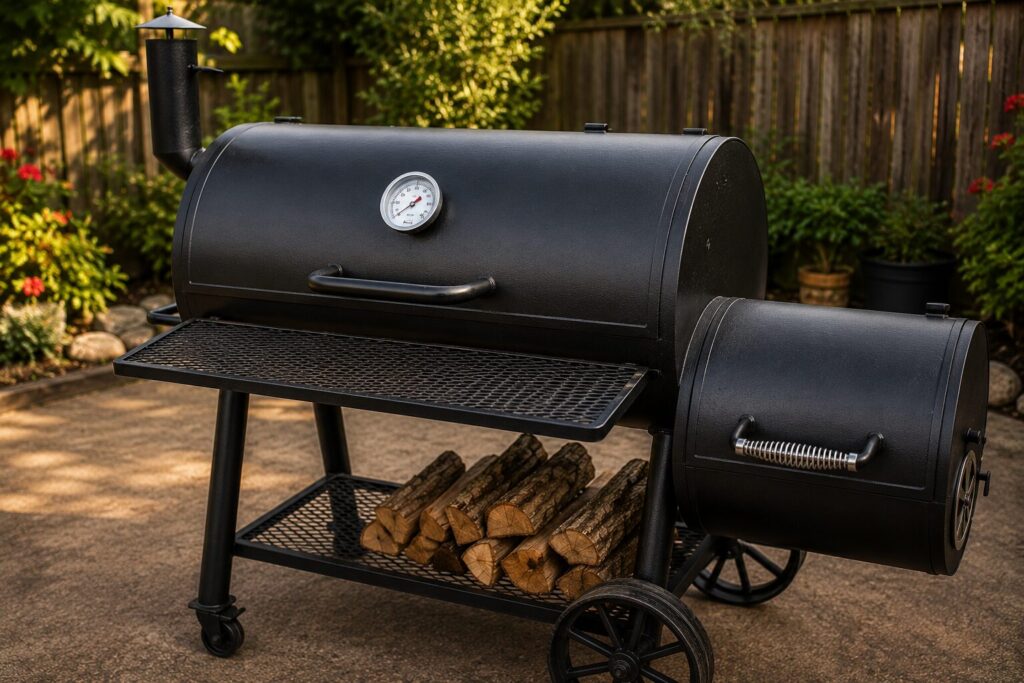 A built-in lid thermometer on a steel smoker showing the internal cooking temperature.