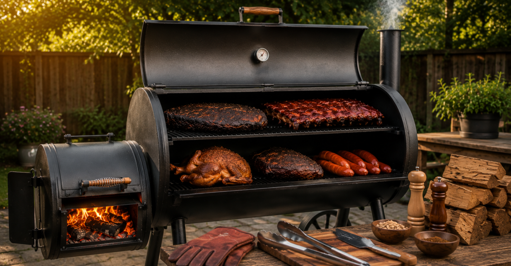 Beginner friendly offset smoker showing indirect heat cooking for brisket ribs and chicken