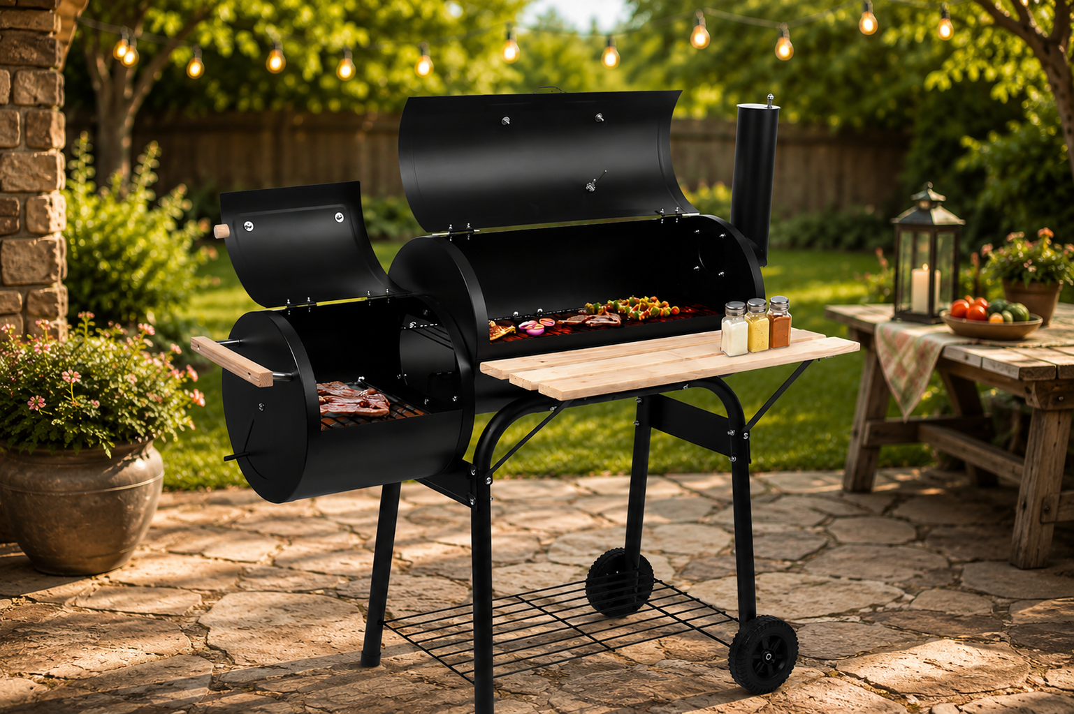 Heavy-duty offset smoker with side firebox cooking brisket and ribs using indirect heat.
