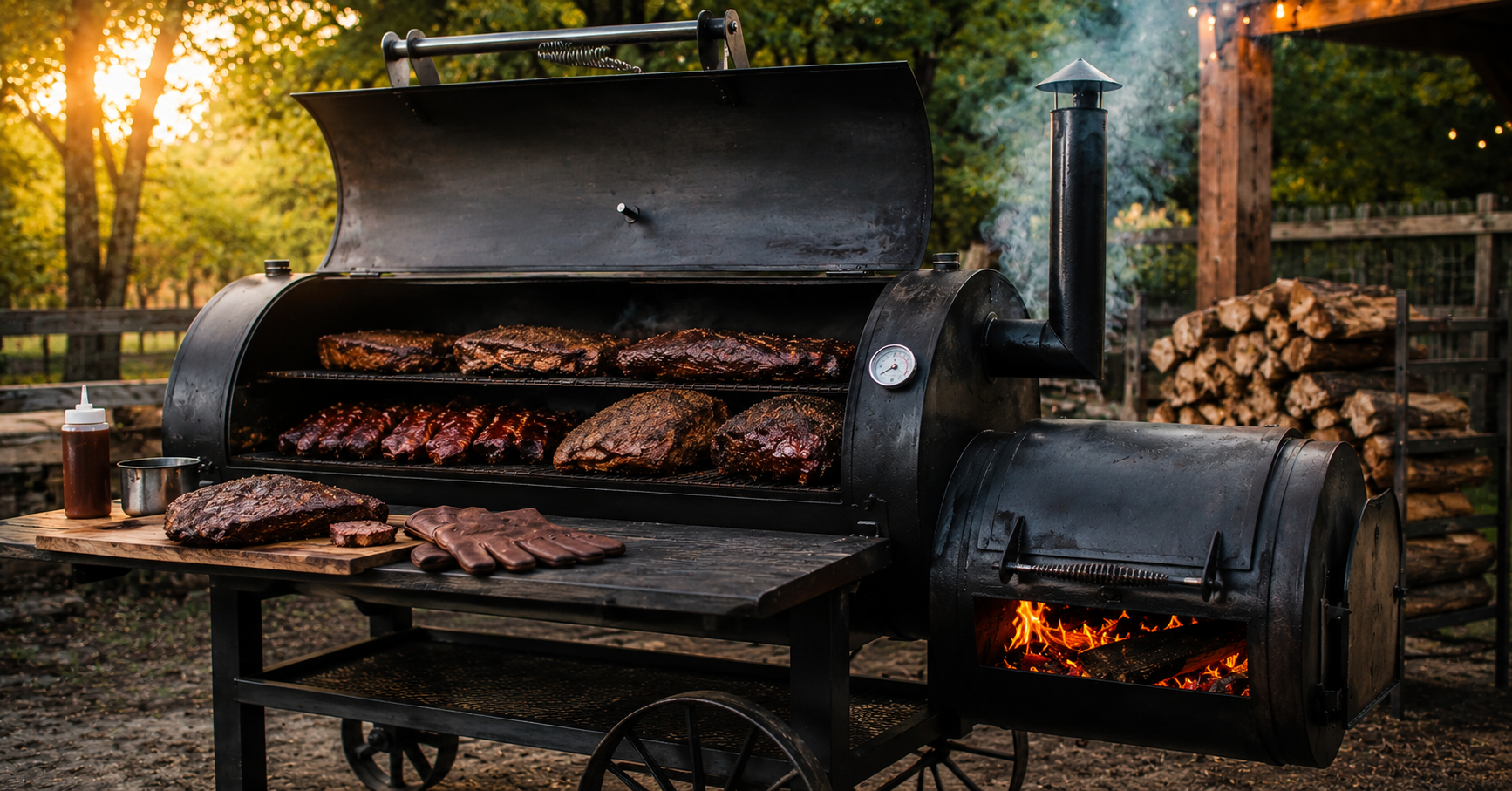 Premium offset smoker with smoked brisket and ribs in a backyard BBQ setup