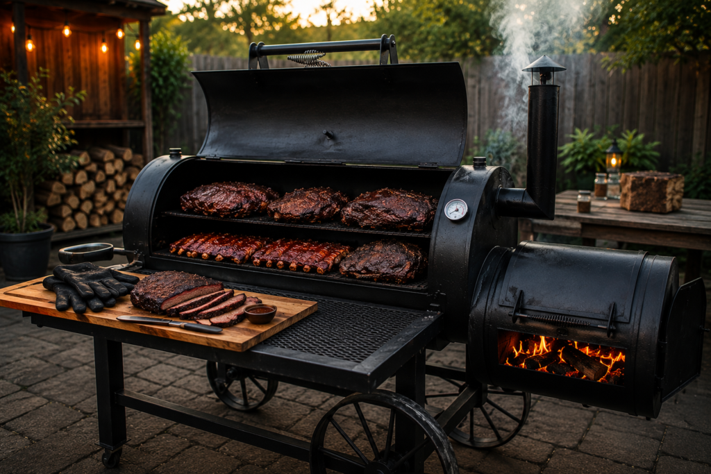 High-end offset smoker cooking brisket using reverse flow technology