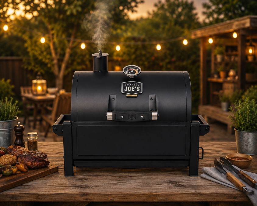 Oklahoma Joe Highland Offset Smoker cooking brisket in a backyard barbecue setup