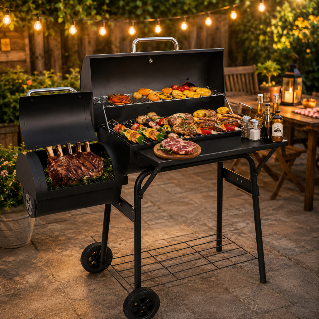 Heavy-duty Oklahoma Joe Highland Offset Smoker with side firebox and large cooking chamber