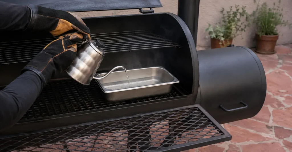 Adding hot water to a smoker drip pan using heat-resistant barbecue gloves