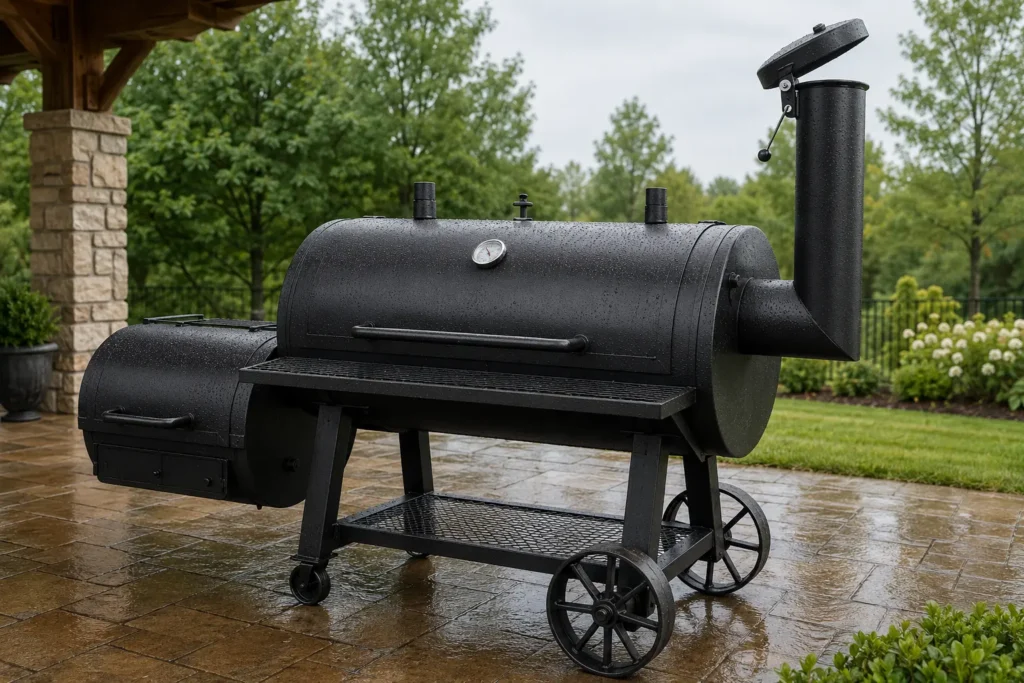 Adjustable screw-type rain cap on an offset smoker stack