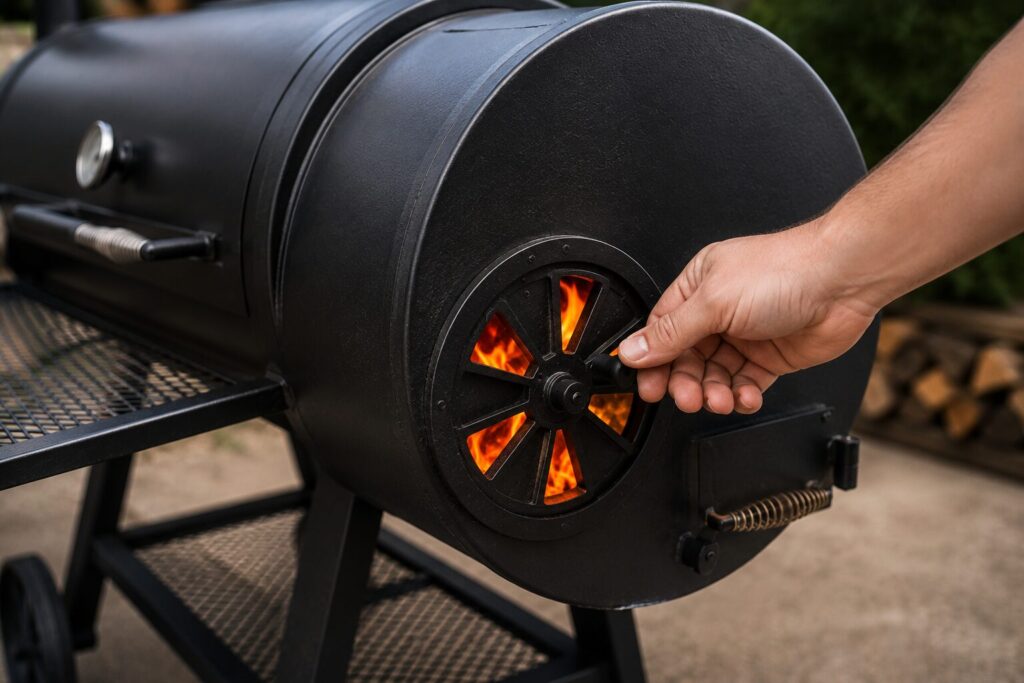 A close-up of a hand adjusting the air intake damper vent on a charcoal offset smoker firebox.