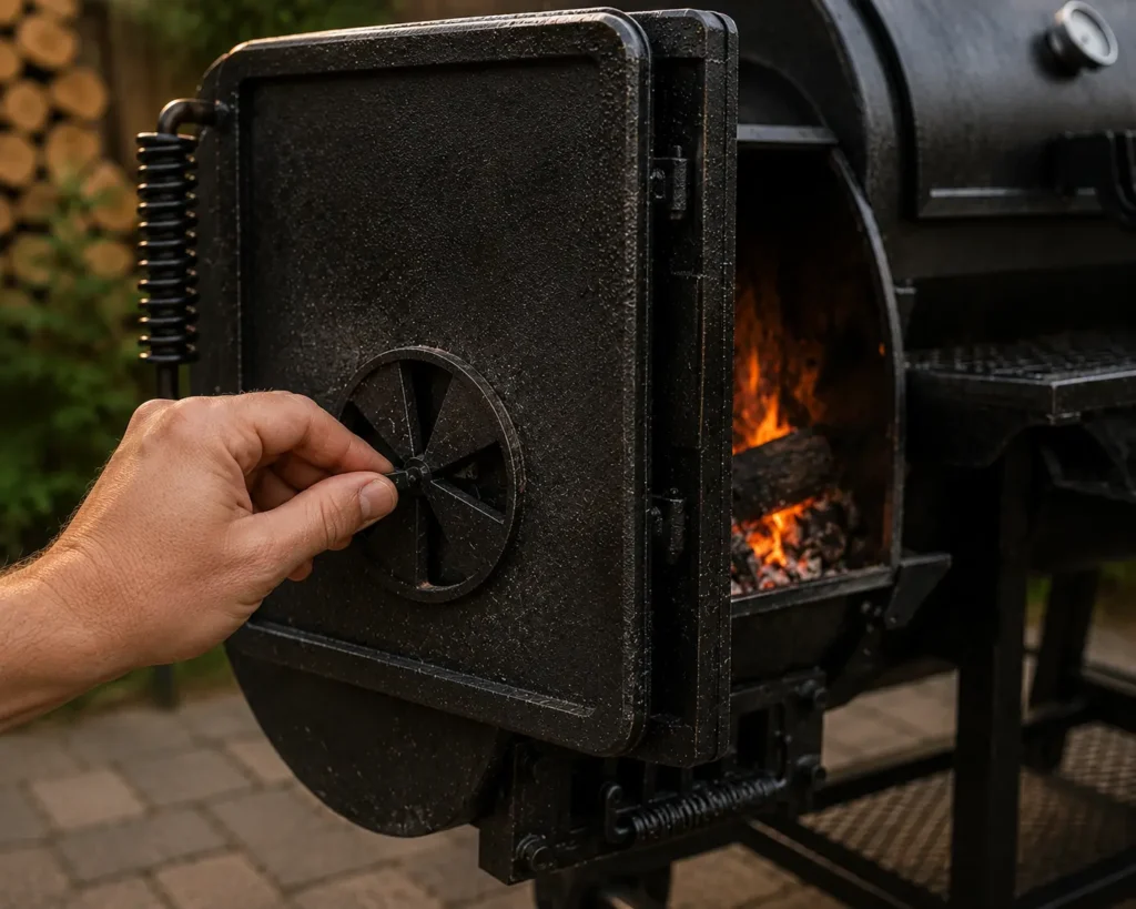 Adjusting the metal pinwheel intake damper on an offset smoker firebox to control oxygen flow.