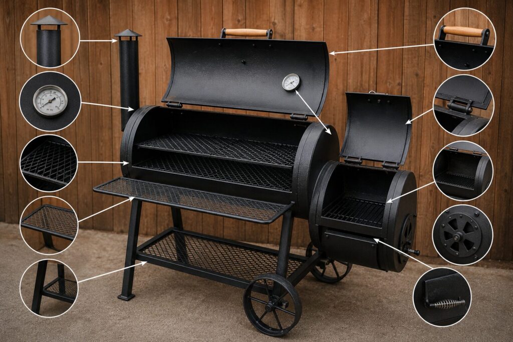 A detailed view showing the firebox, main cooking chamber, dampers, and chimney of a backyard offset smoker.
