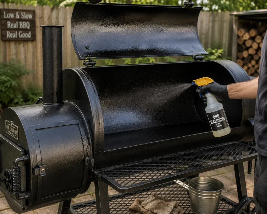 Spraying canola oil on the interior walls and grates of an offset smoker for seasoning.