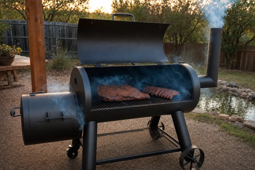 Brisket and ribs spaced evenly on offset smoker grill grates for airflow