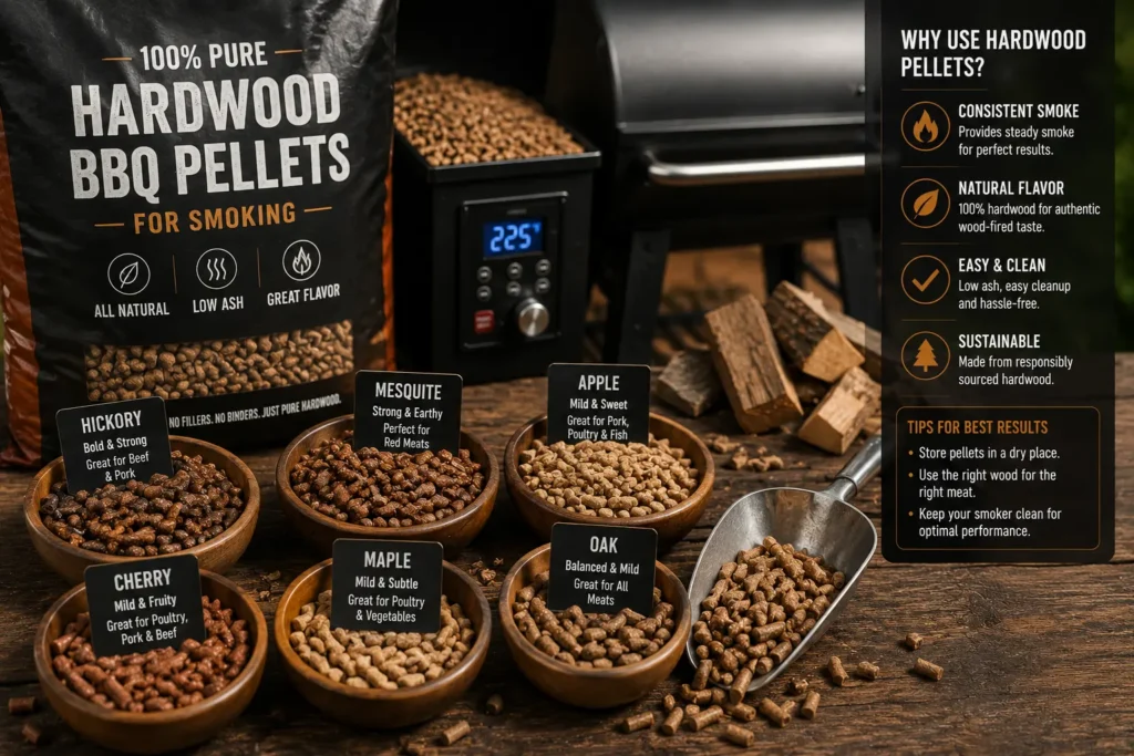A pile of premium food-grade hardwood pellets used for fueling a pellet smoker.