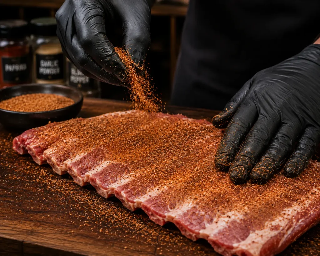 Sprinkling a red dry rub seasoning generously over a raw rack of ribs.
