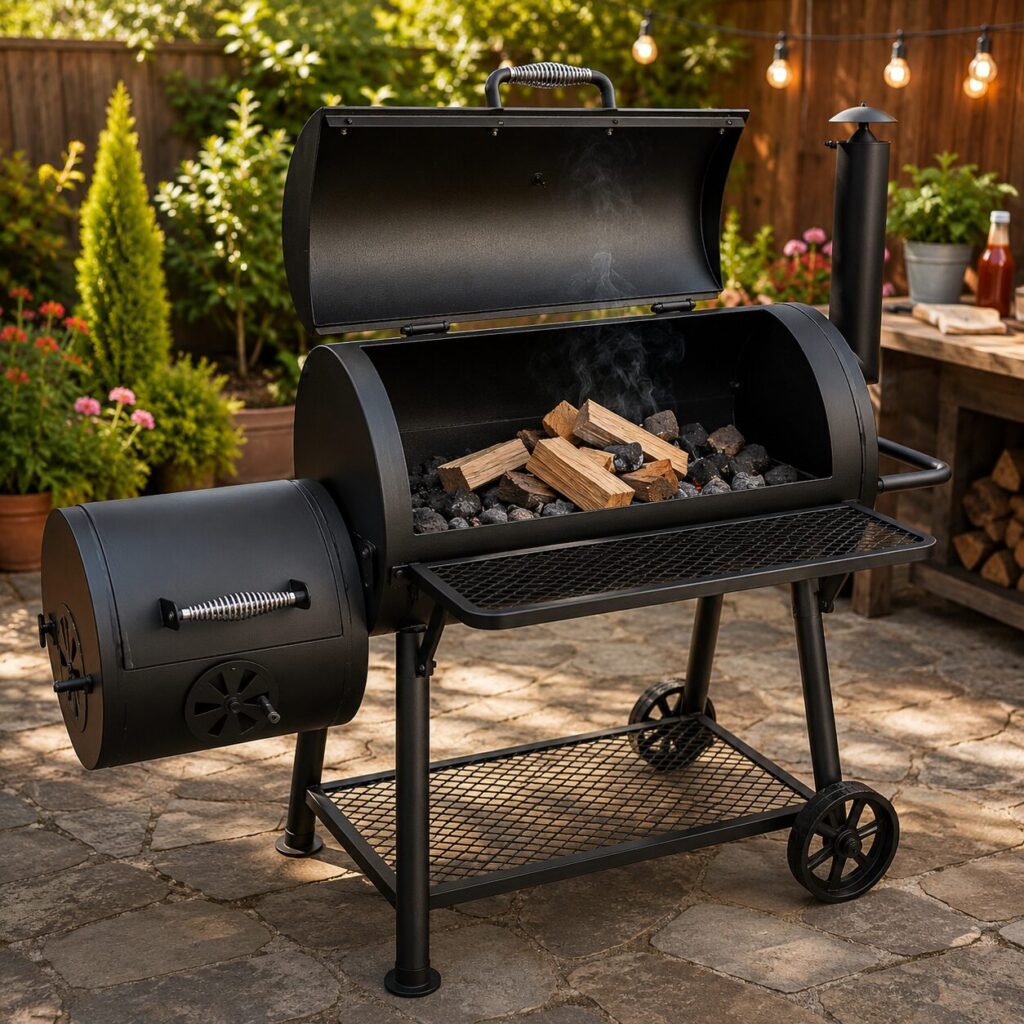 Lump charcoal, charcoal briquettes, and hardwood chunks for smoking meat in an offset smoker.