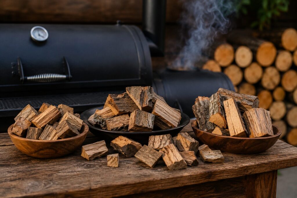 Stacks of seasoned hardwood split logs including oak and hickory used for offset smoker fuel.