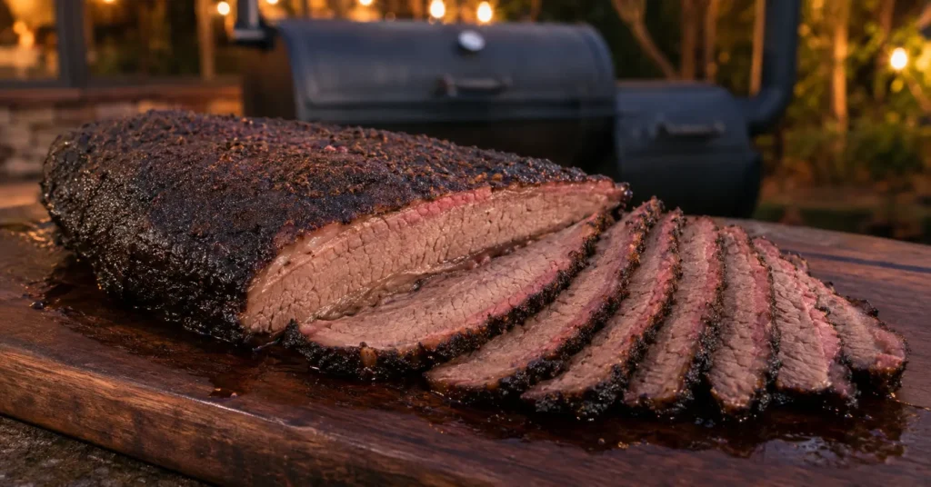 Freshly sliced smoked beef brisket prepared using an offset smoker in winter.