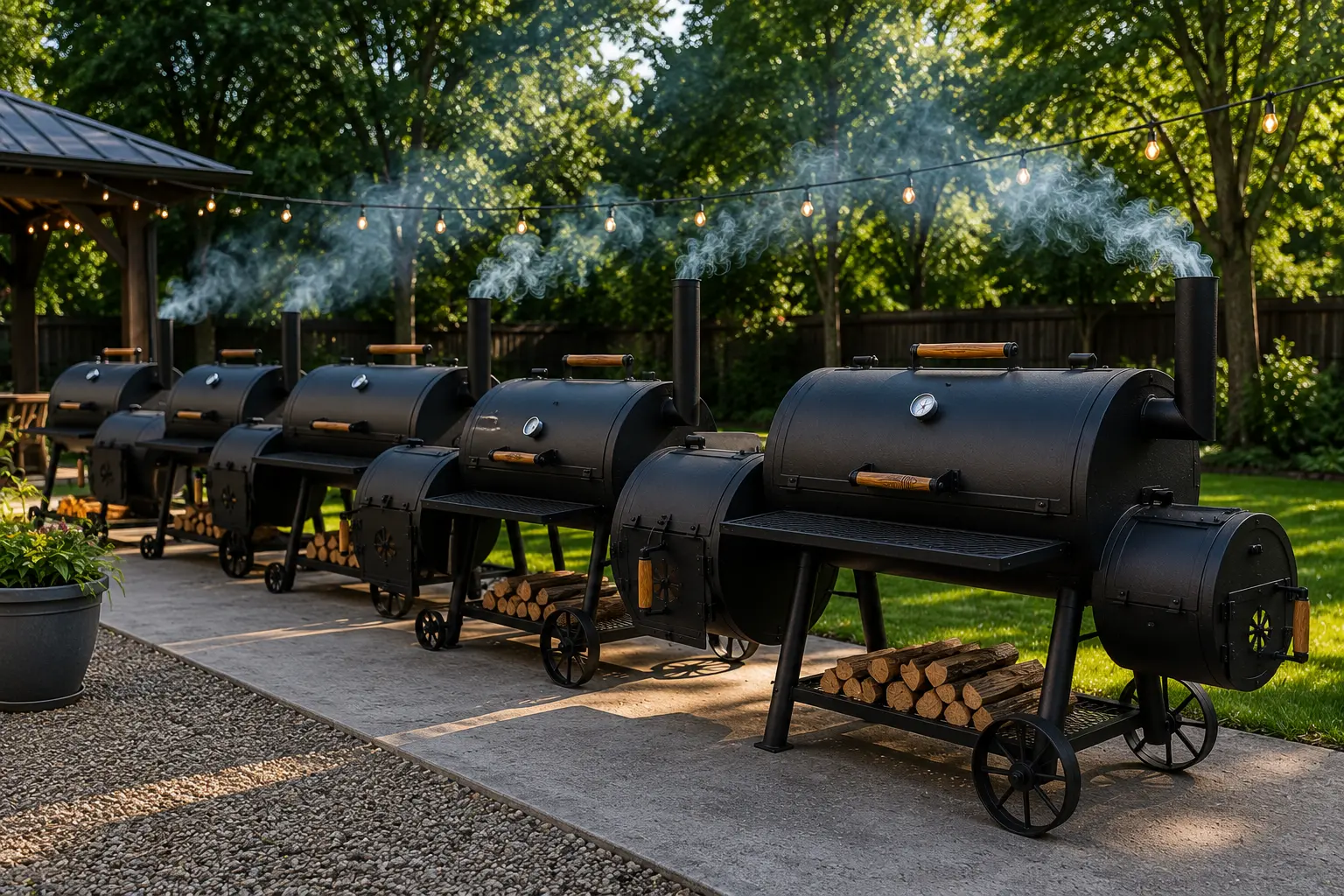 Four top offset smokers lined up outdoors for a 2026 value comparison