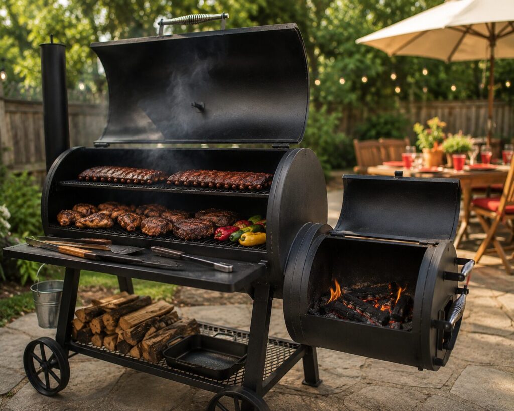 A heavy-duty offset smoker grill combo operating on a backyard patio during a weekend barbecue.
