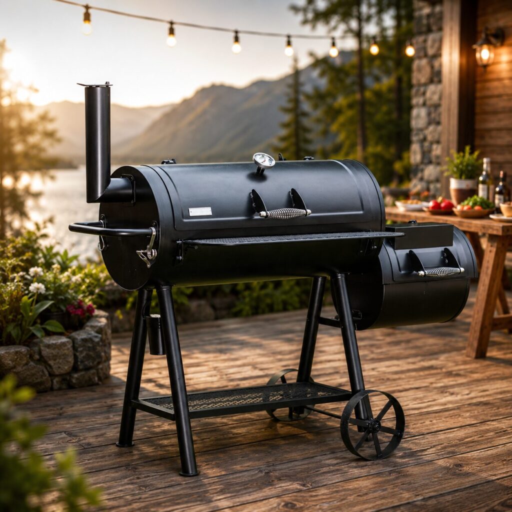 Best offset smoker with side firebox featuring heavy-gauge steel construction and a spacious cooking chamber.