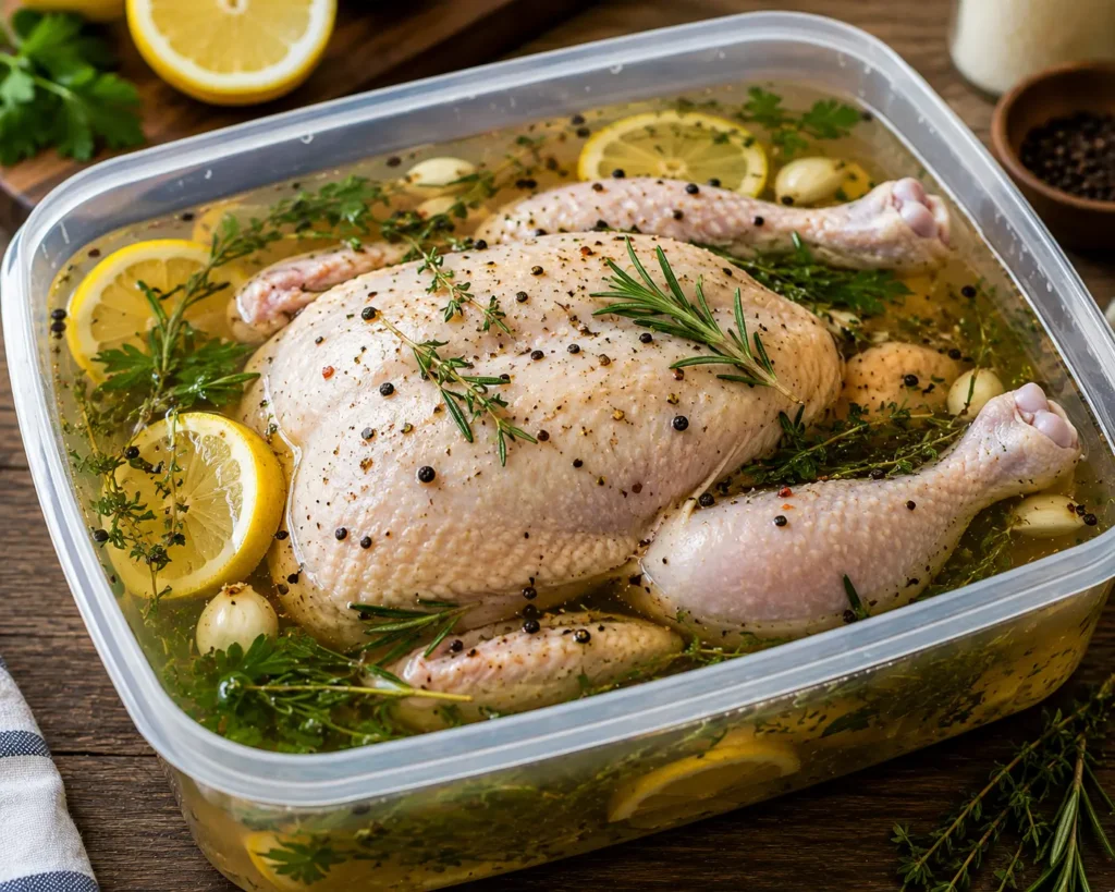 Whole chicken submerged in a clear liquid brine with lemon slices and rosemary.
