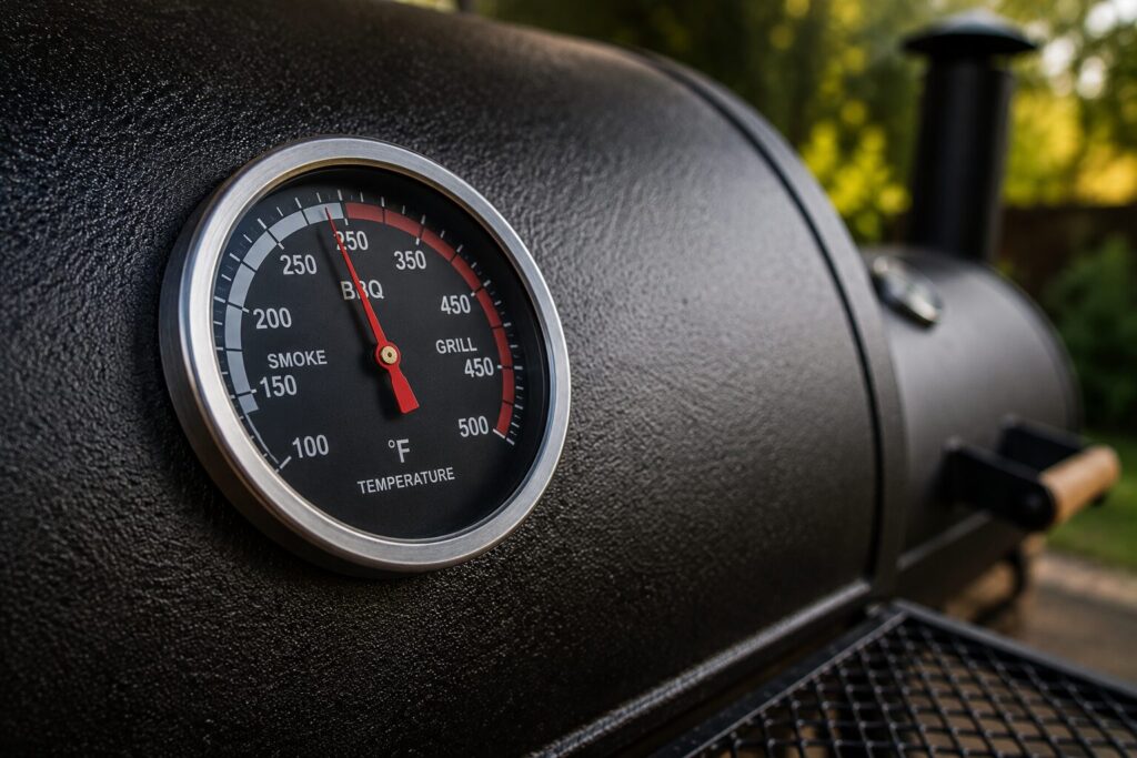 Close-up of a built-in lid thermometer on a charcoal smoker showing the ideal smoking zone.