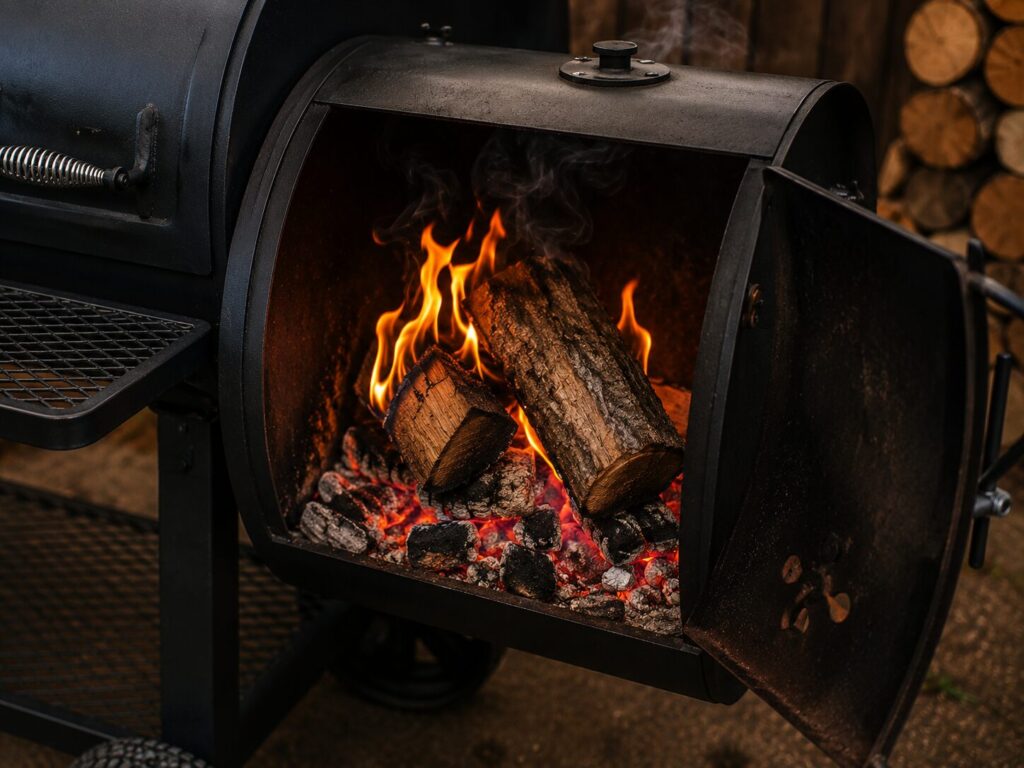 A clean burning wood log sitting on top of a hot charcoal bed inside an offset smoker firebox.