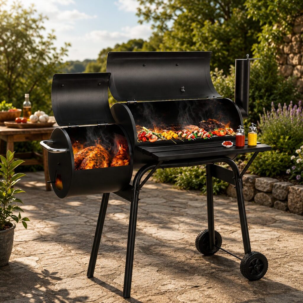 Adding charcoal and hardwood logs to the side firebox of an offset smoker for low-and-slow barbecue.