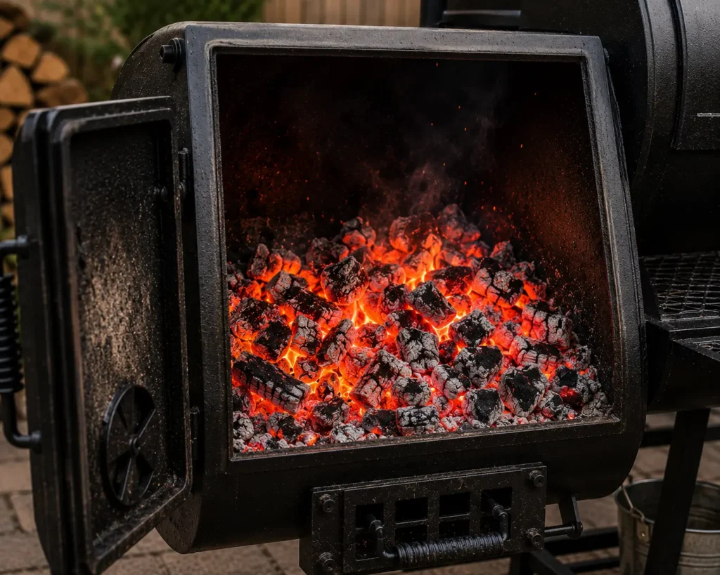 A glowing hot bed of lump charcoal ash inside an offset smoker firebox ready for wood splits.