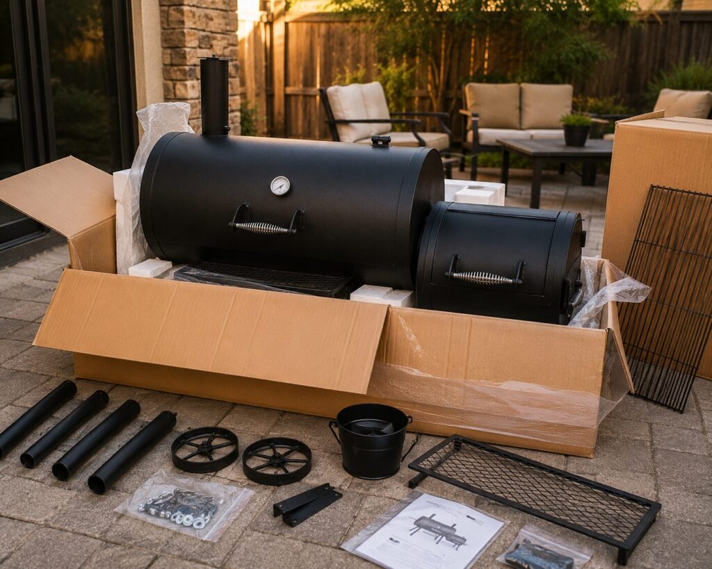 A brand new heavy-duty offset smoker sitting on a home patio right after online delivery.