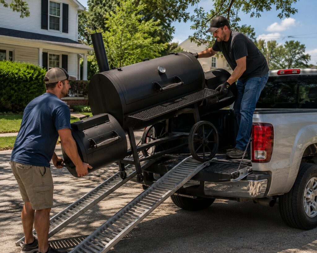 A brand new charcoal offset smoker being loaded into the back of a pickup truck after purchase.