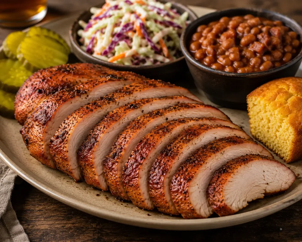 Sliced juicy smoked chicken breast and pieces served on a platter with barbecue sides.