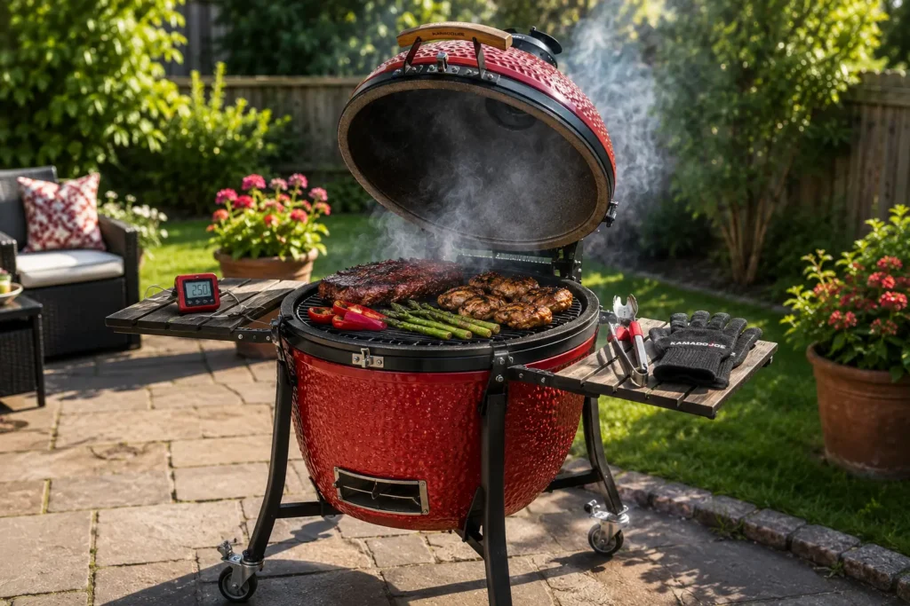Red ceramic kamado grill with heat deflector for indirect cooking