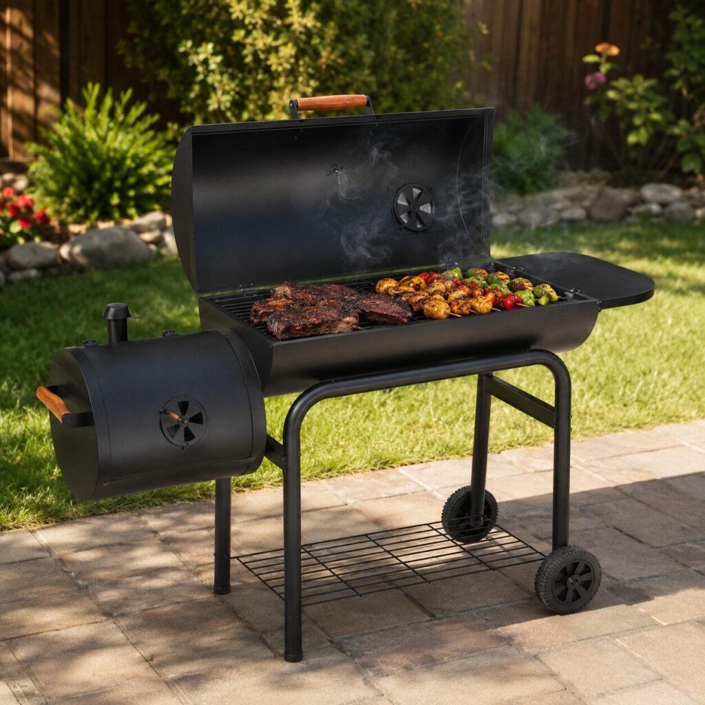 Char-Broil American Gourmet Offset Smoker cooking brisket and ribs in a backyard barbecue setup.