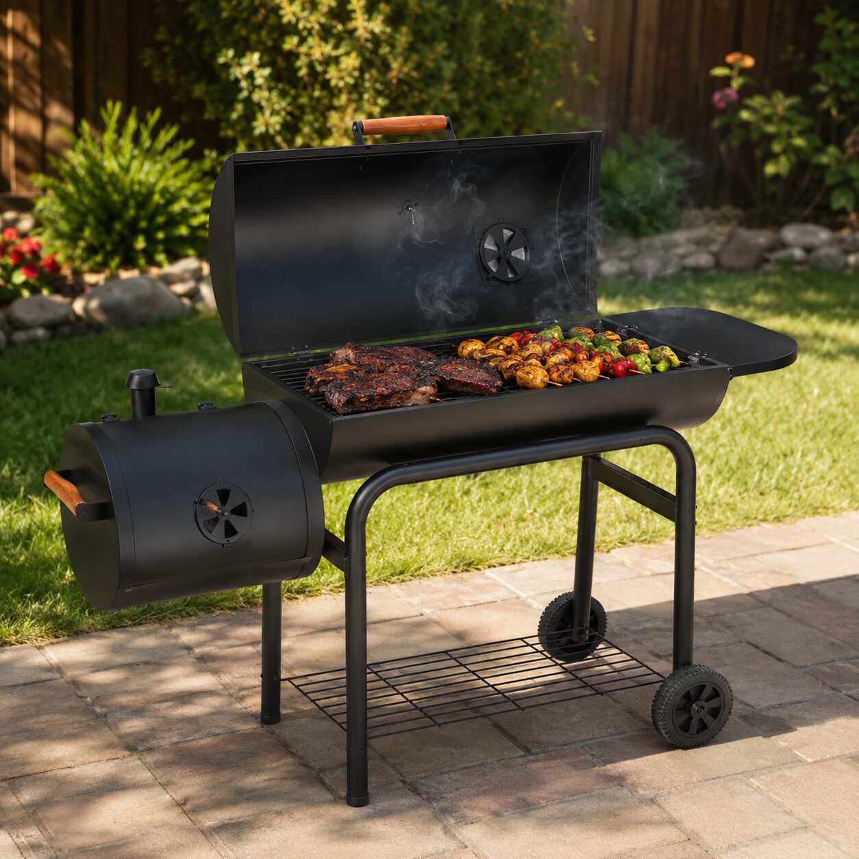 Char-Broil American Gourmet Offset Smoker cooking brisket and ribs in a backyard barbecue setup.