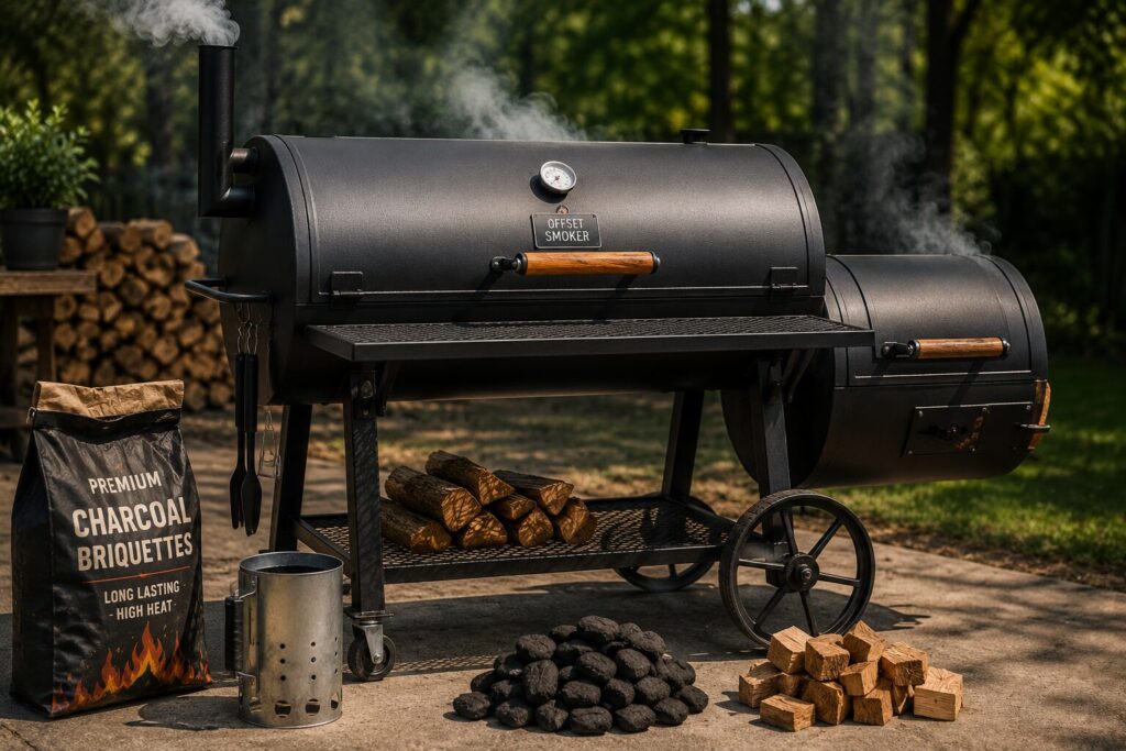 A combination of charcoal briquettes and hickory wood chunks prepared as fuel for an offset smoker.