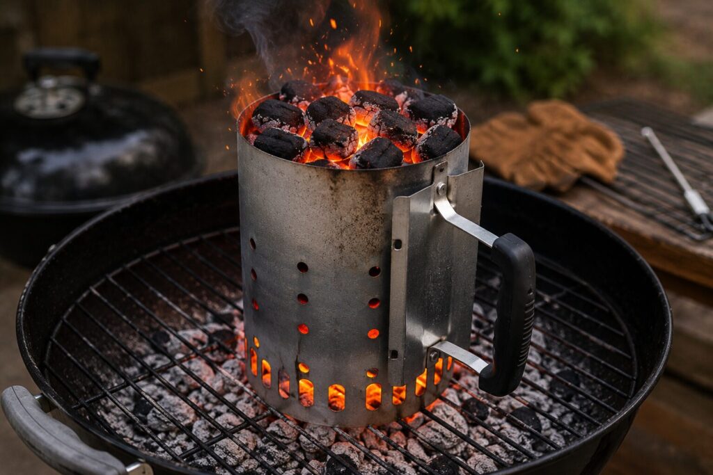 Hot glowing charcoal briquettes ready inside a metal chimney starter for a barbecue session.
