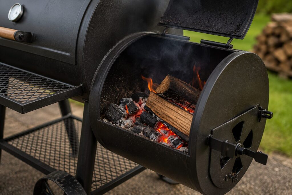 A traditional side firebox of a budget offset smoker filled with burning charcoal and wood chunks.