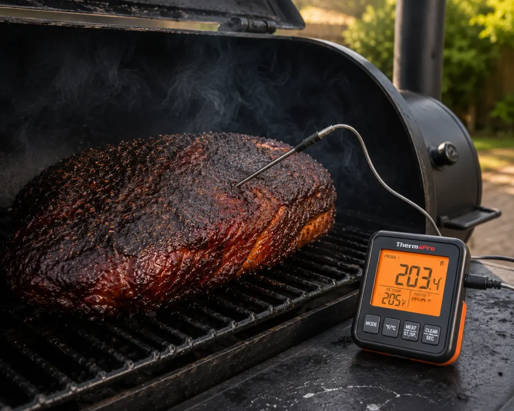 A digital instant-read thermometer probe inserted into a smoked brisket
