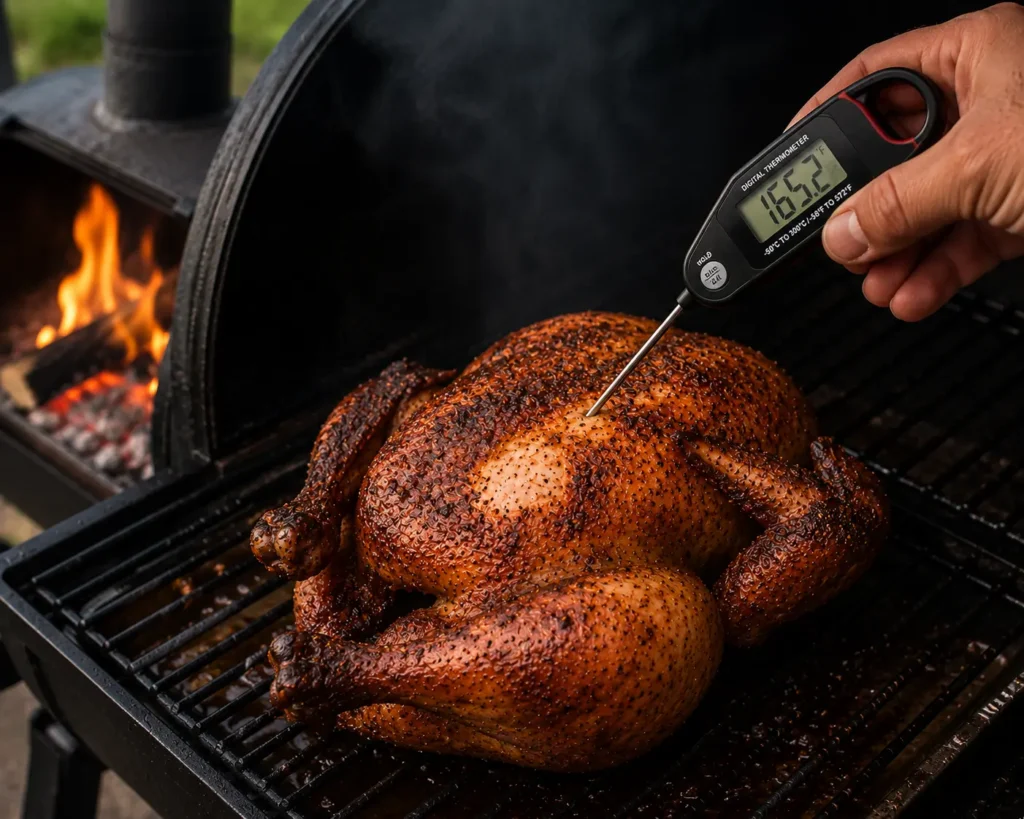 A digital instant-read thermometer probe checking the temperature of a smoked chicken breast.
