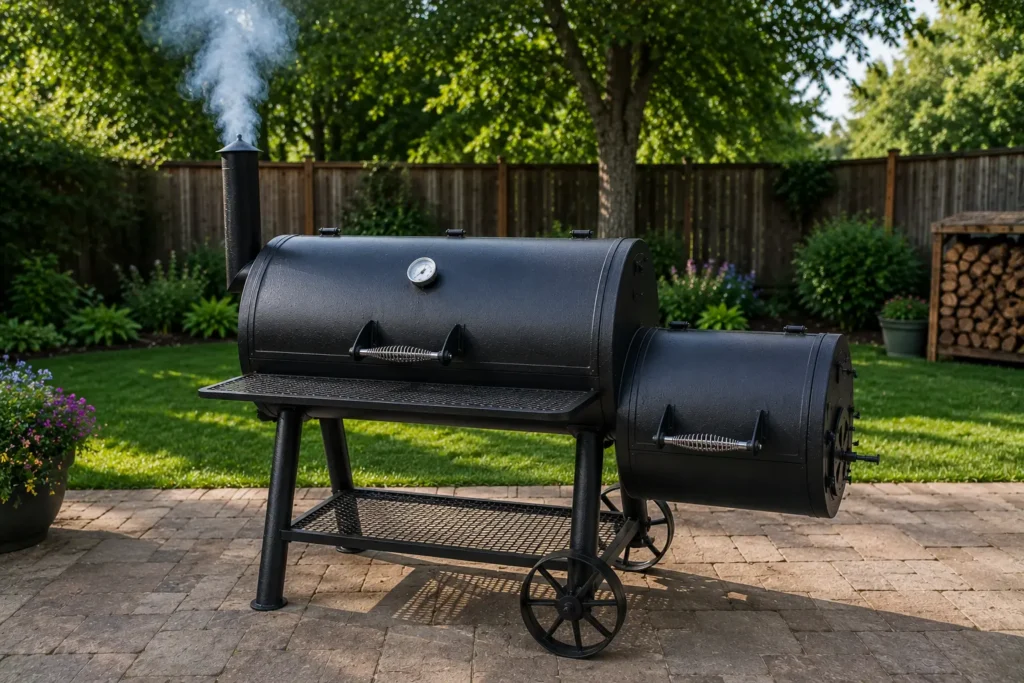 Thin blue smoke rising from offset smoker exhaust chimney