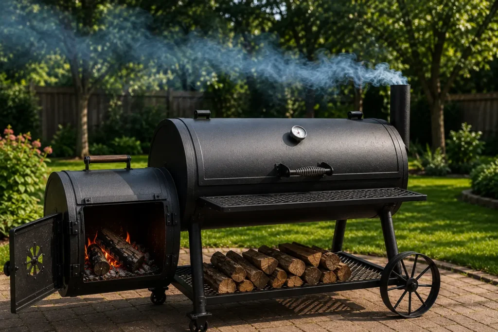Clean thin blue smoke coming out of an offset smoker chimney