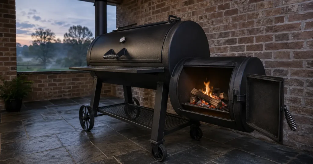 Small clean burning fire inside an offset smoker firebox for steady heat