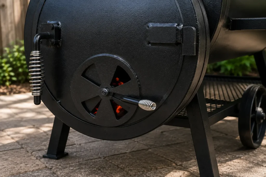 Hand cleaning the air intake damper vent on an offset smoker firebox.