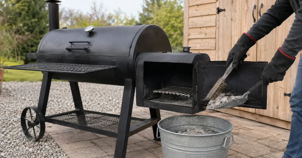 Cleaning cold ash from offset smoker firebox to prevent rust under cover