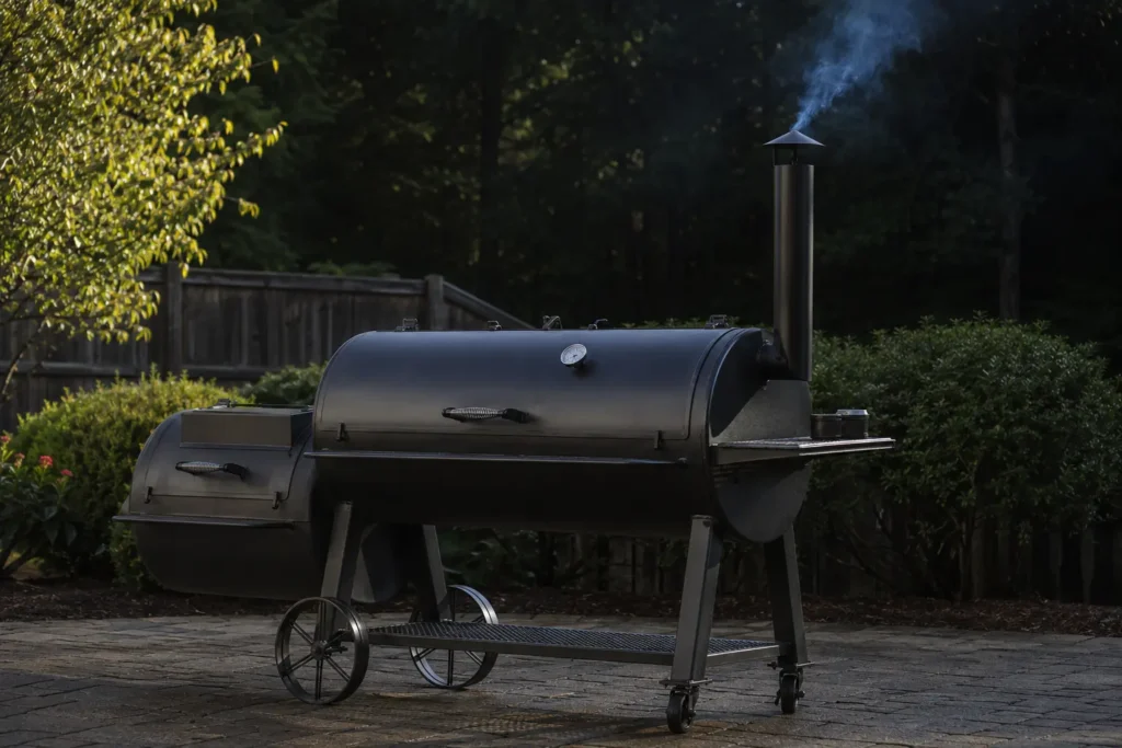 Thin blue smoke exiting properly through an offset smoker chimney cap