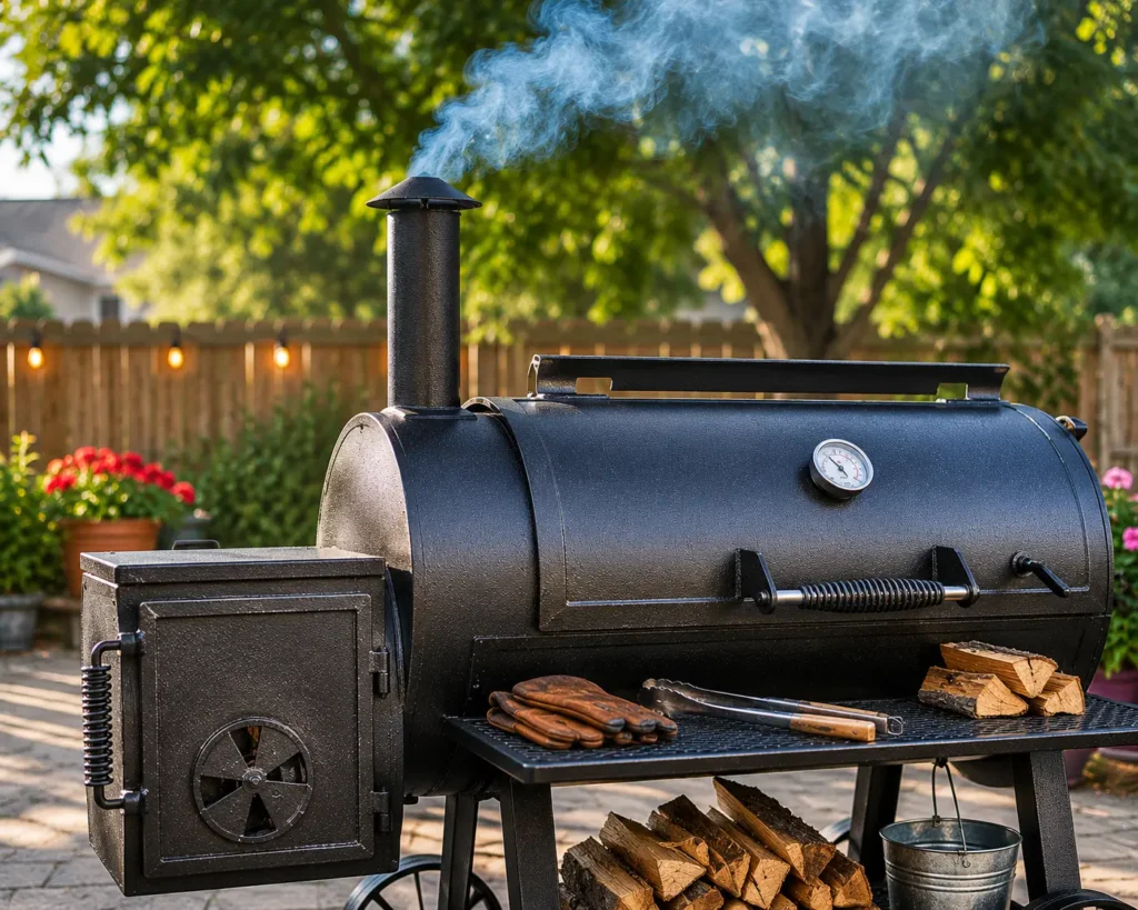 Perfect thin blue smoke exiting the stack of a well-ventilated offset smoker.