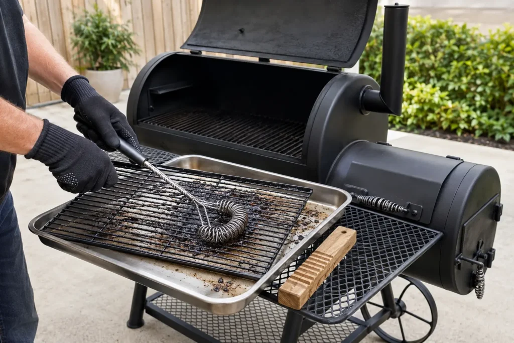 Cleaning barbecue smoker grill grate with a grill scraper tool