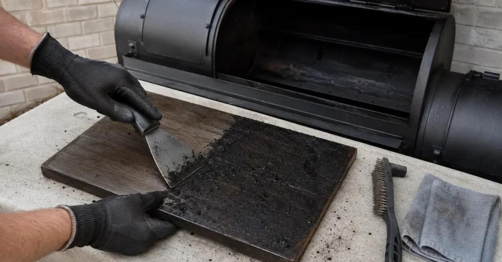 Cleaning carbon buildup and grease off a heavy steel offset smoker baffle plate