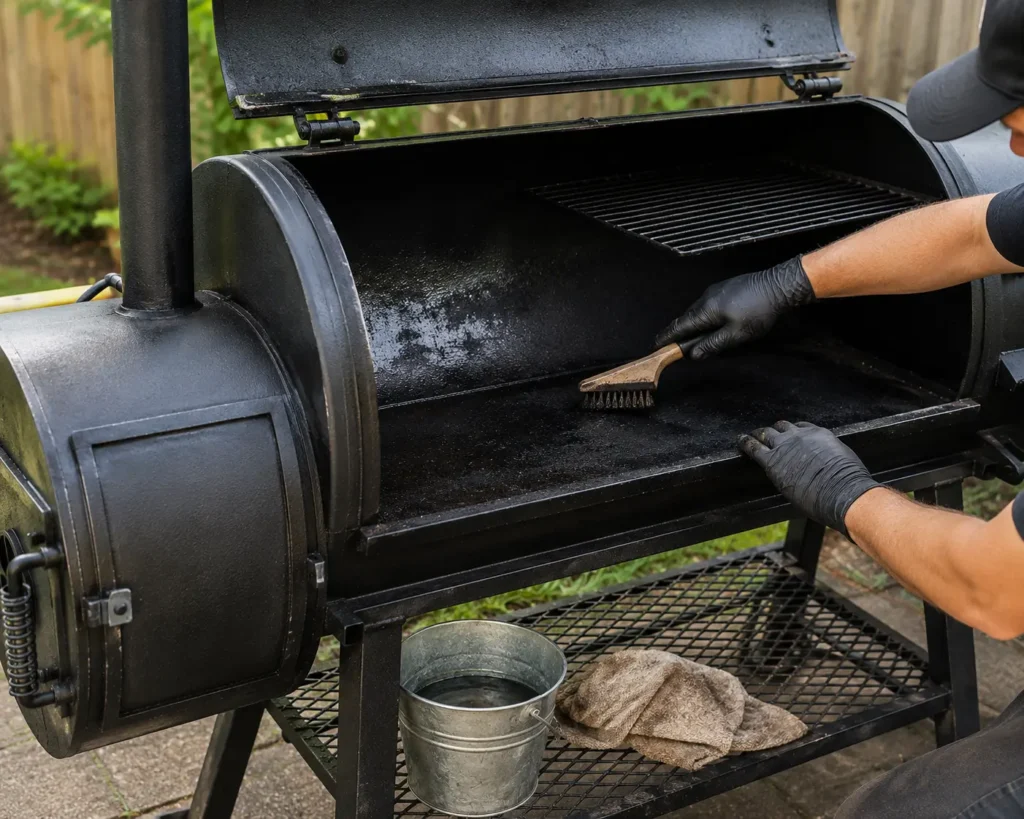 Cleaning the cooking grates and inside of an offset smoker with soapy water.