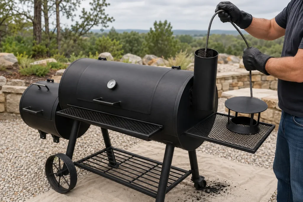 Inspecting and cleaning soot buildup from an offset smoker chimney cap