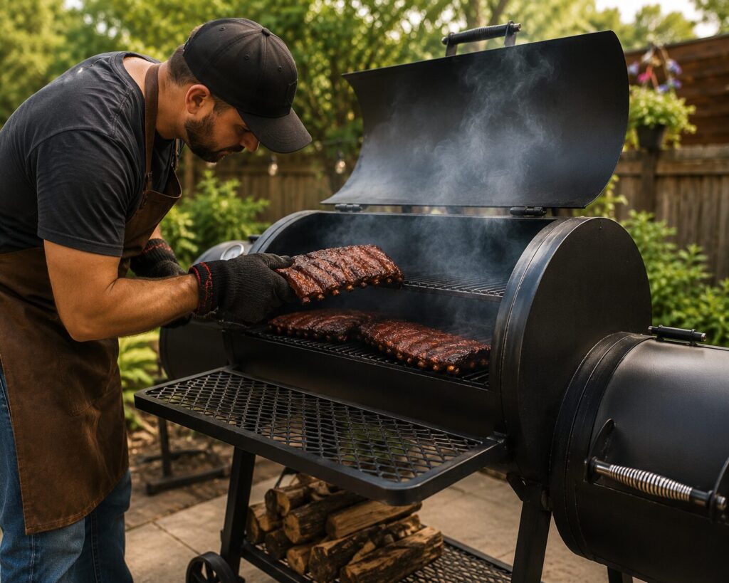 Multiple racks of pork ribs smoking perfectly inside the cooking chamber of a backyard offset smoker.